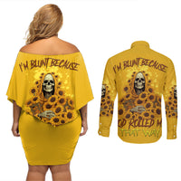I'm Blunt Because God Rolled Me Sunflower Reaper Couples Matching Off Shoulder Short Dress and Long Sleeve Button Shirt - Wonder Print Shop