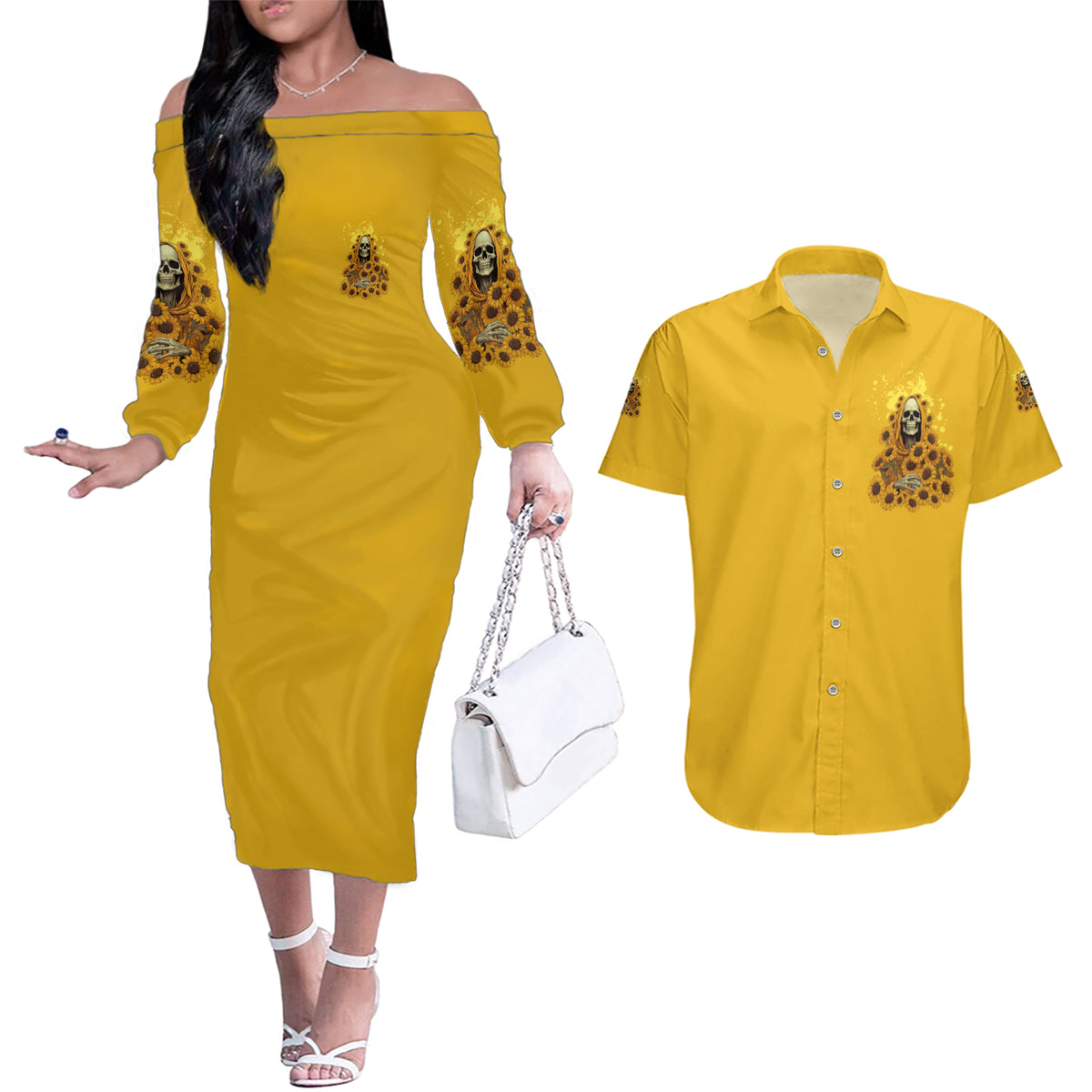 I'm Blunt Because God Rolled Me Sunflower Reaper Couples Matching Off The Shoulder Long Sleeve Dress and Hawaiian Shirt - Wonder Print Shop