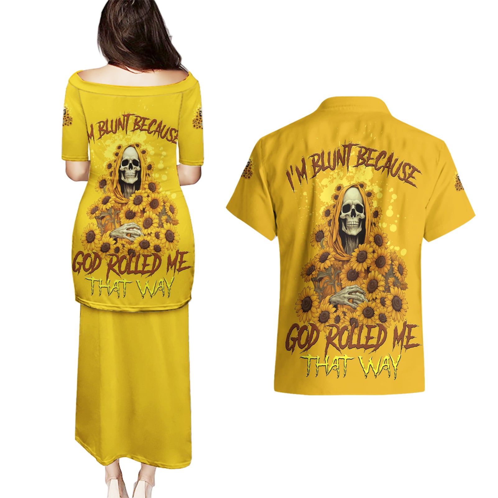 I'm Blunt Because God Rolled Me Sunflower Reaper Couples Matching Puletasi Dress and Hawaiian Shirt - Wonder Print Shop