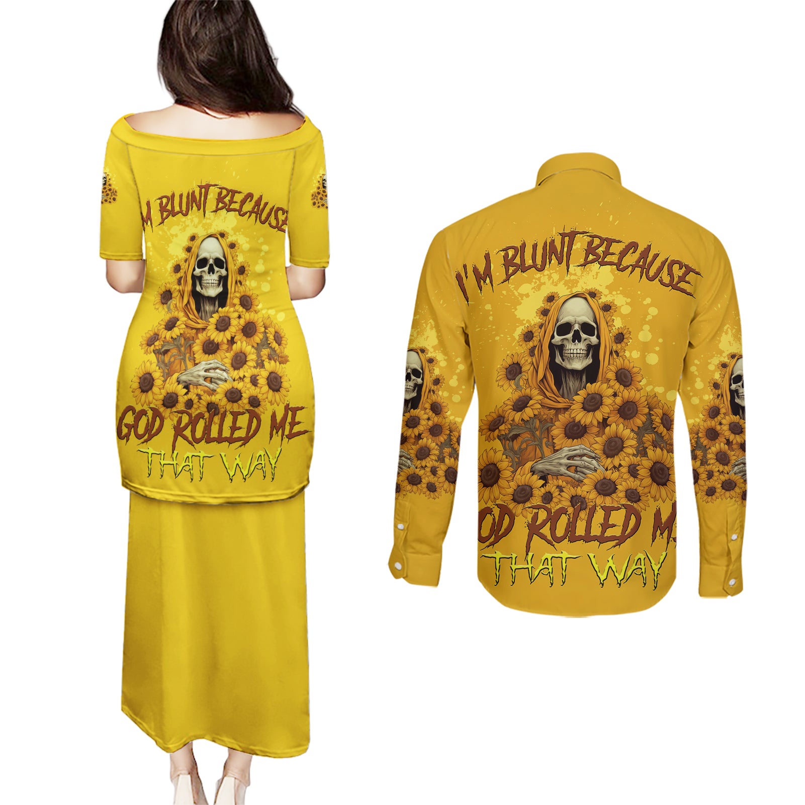 I'm Blunt Because God Rolled Me Sunflower Reaper Couples Matching Puletasi Dress and Long Sleeve Button Shirt - Wonder Print Shop