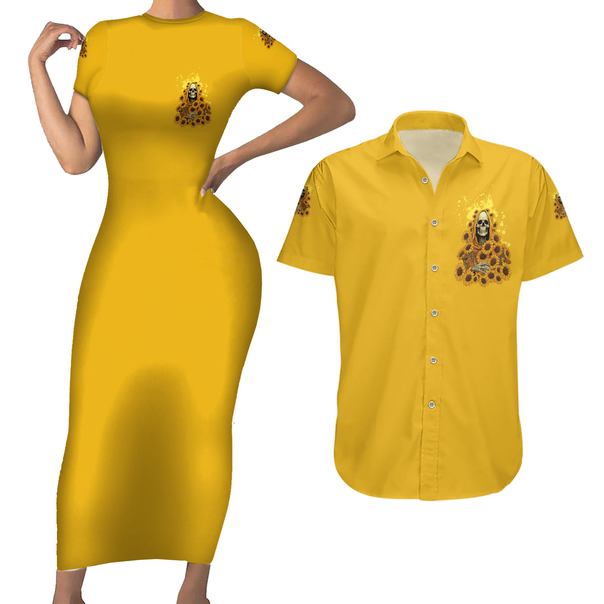 I'm Blunt Because God Rolled Me Sunflower Reaper Couples Matching Short Sleeve Bodycon Dress and Hawaiian Shirt - Wonder Print Shop