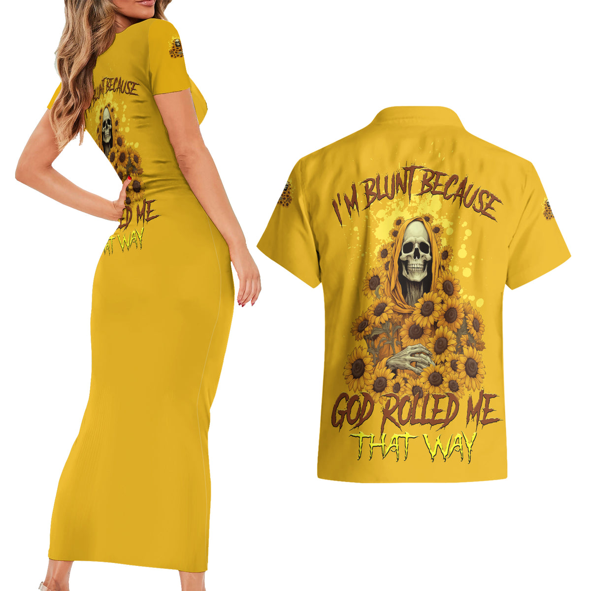 I'm Blunt Because God Rolled Me Sunflower Reaper Couples Matching Short Sleeve Bodycon Dress and Hawaiian Shirt - Wonder Print Shop