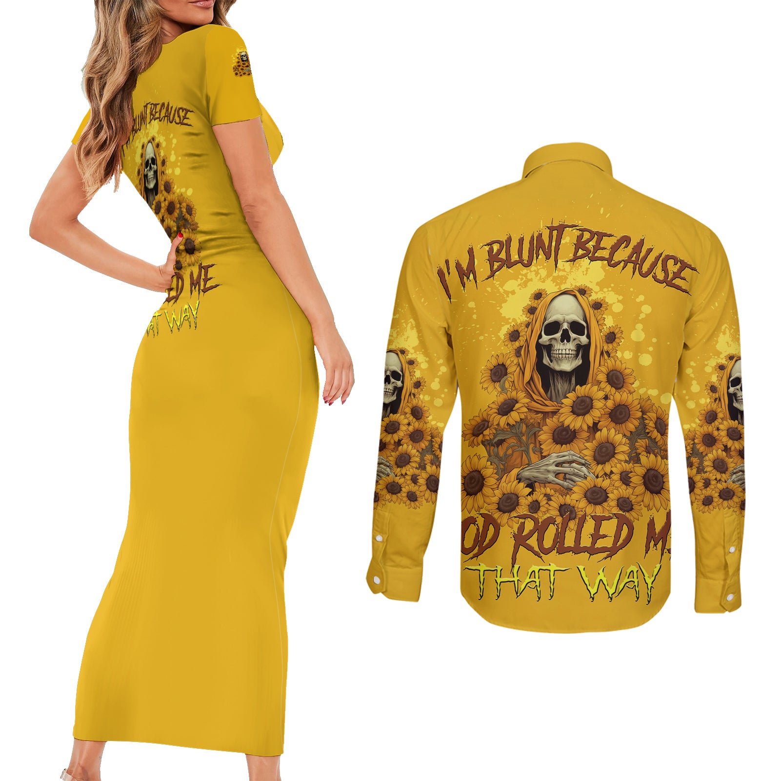 I'm Blunt Because God Rolled Me Sunflower Reaper Couples Matching Short Sleeve Bodycon Dress and Long Sleeve Button Shirt - Wonder Print Shop