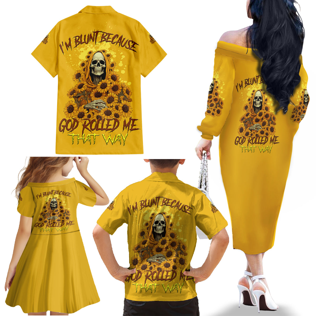 I'm Blunt Because God Rolled Me Sunflower Reaper Family Matching Off Shoulder Long Sleeve Dress and Hawaiian Shirt - Wonder Print Shop
