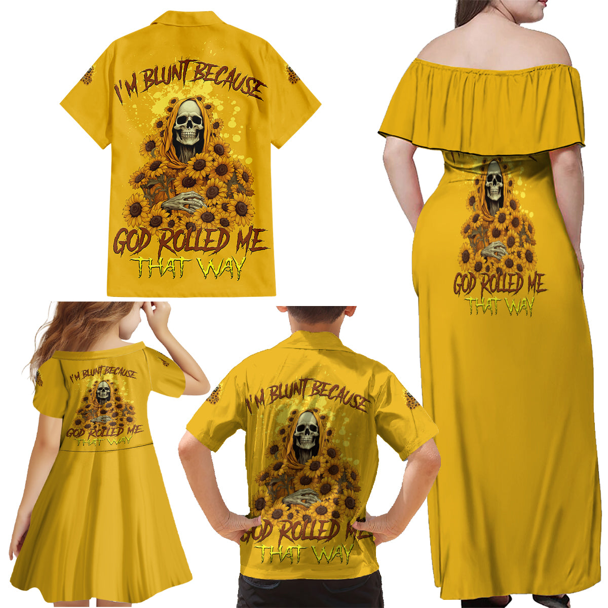 I'm Blunt Because God Rolled Me Sunflower Reaper Family Matching Off Shoulder Maxi Dress and Hawaiian Shirt - Wonder Print Shop