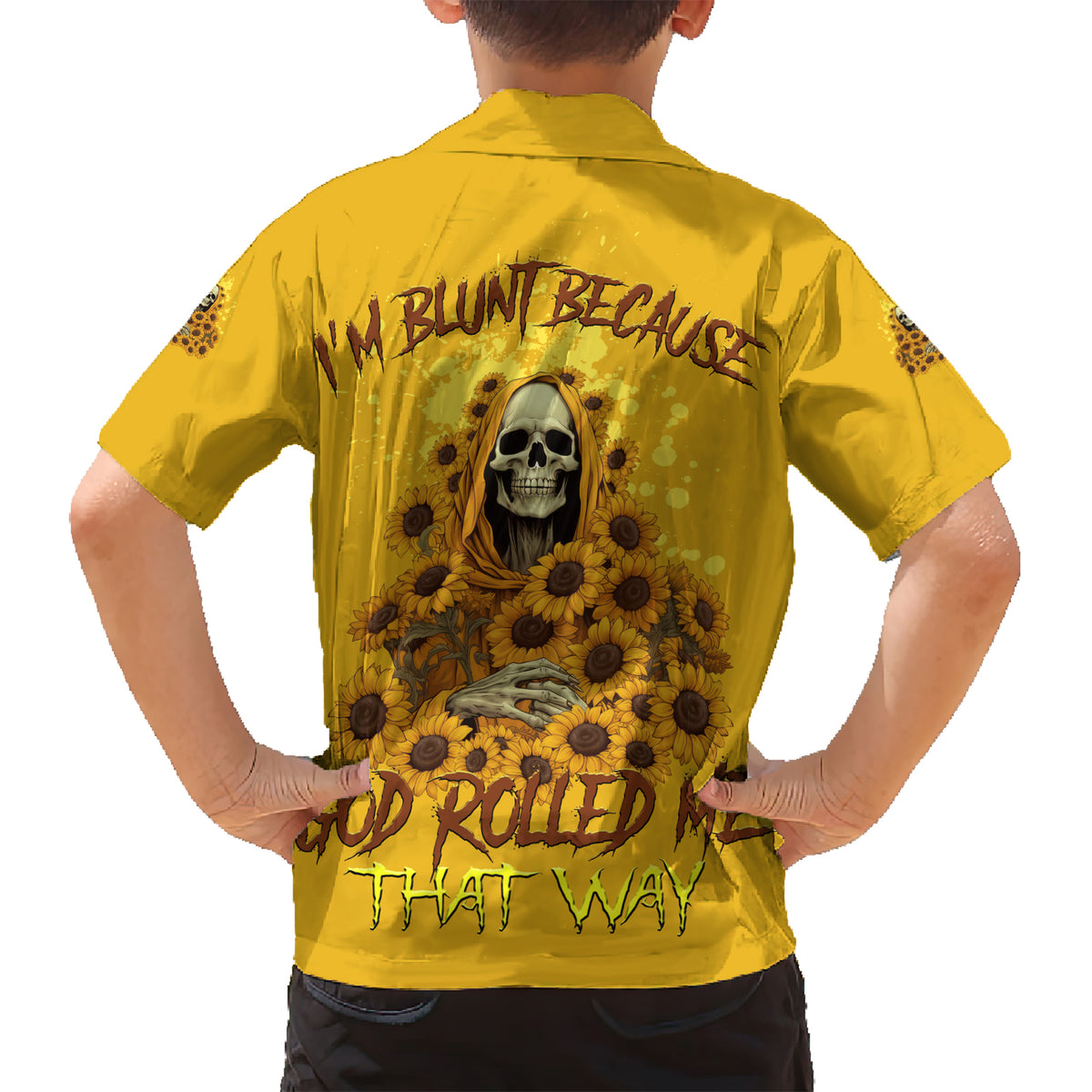 I'm Blunt Because God Rolled Me Sunflower Reaper Family Matching Short Sleeve Bodycon Dress and Hawaiian Shirt - Wonder Print Shop