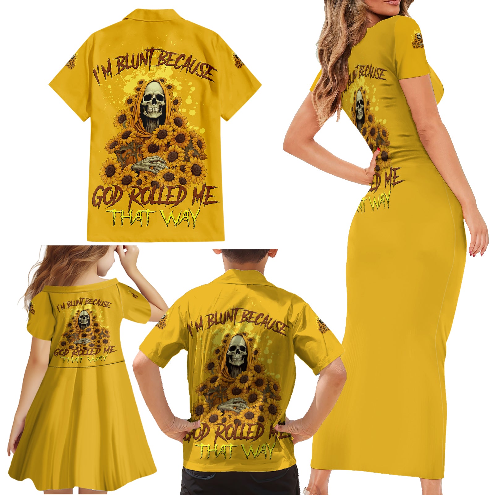 I'm Blunt Because God Rolled Me Sunflower Reaper Family Matching Short Sleeve Bodycon Dress and Hawaiian Shirt - Wonder Print Shop
