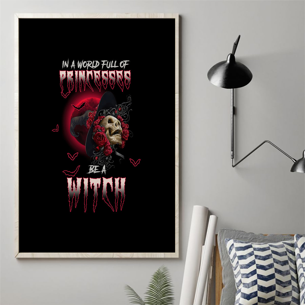 In A World Full Of Princesses Be A Witch Rose Skull Canvas Wall Art - Wonder Print Shop