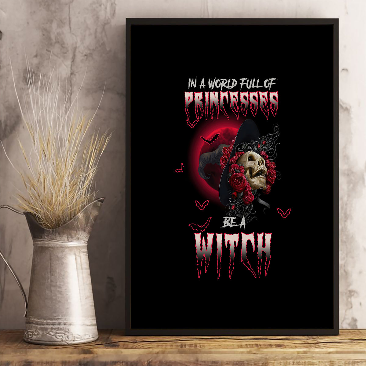 In A World Full Of Princesses Be A Witch Rose Skull Canvas Wall Art - Wonder Print Shop