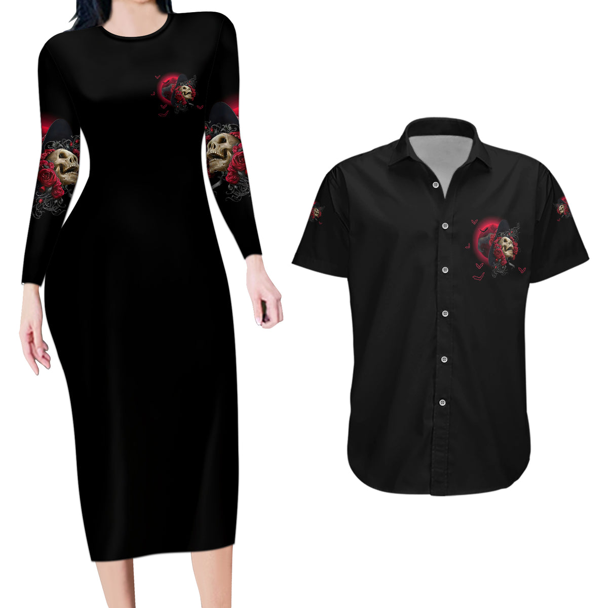 In A World Full Of Princesses Be A Witch Rose Skull Couples Matching Long Sleeve Bodycon Dress and Hawaiian Shirt - Wonder Print Shop
