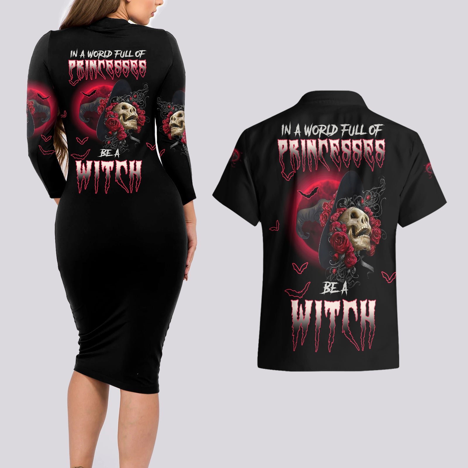 In A World Full Of Princesses Be A Witch Rose Skull Couples Matching Long Sleeve Bodycon Dress and Hawaiian Shirt - Wonder Print Shop