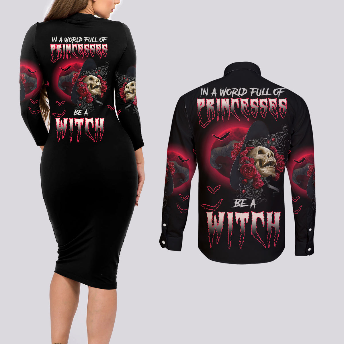 In A World Full Of Princesses Be A Witch Rose Skull Couples Matching Long Sleeve Bodycon Dress and Long Sleeve Button Shirt - Wonder Print Shop