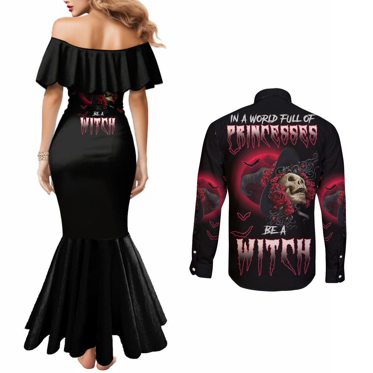 in-a-world-full-of-princesses-be-a-witch-rose-skull-couples-matching-mermaid-dress-and-long-sleeve-button-shirt