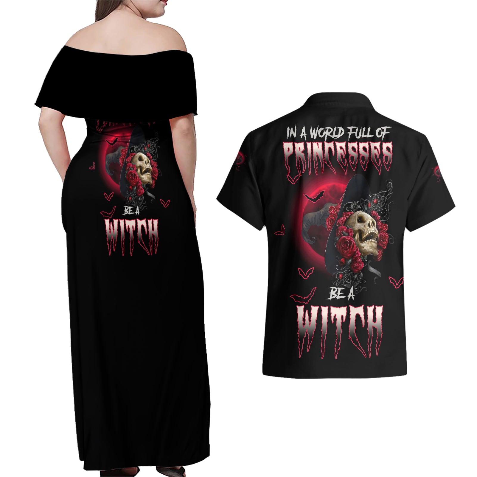 In A World Full Of Princesses Be A Witch Rose Skull Couples Matching Off Shoulder Maxi Dress and Hawaiian Shirt - Wonder Print Shop