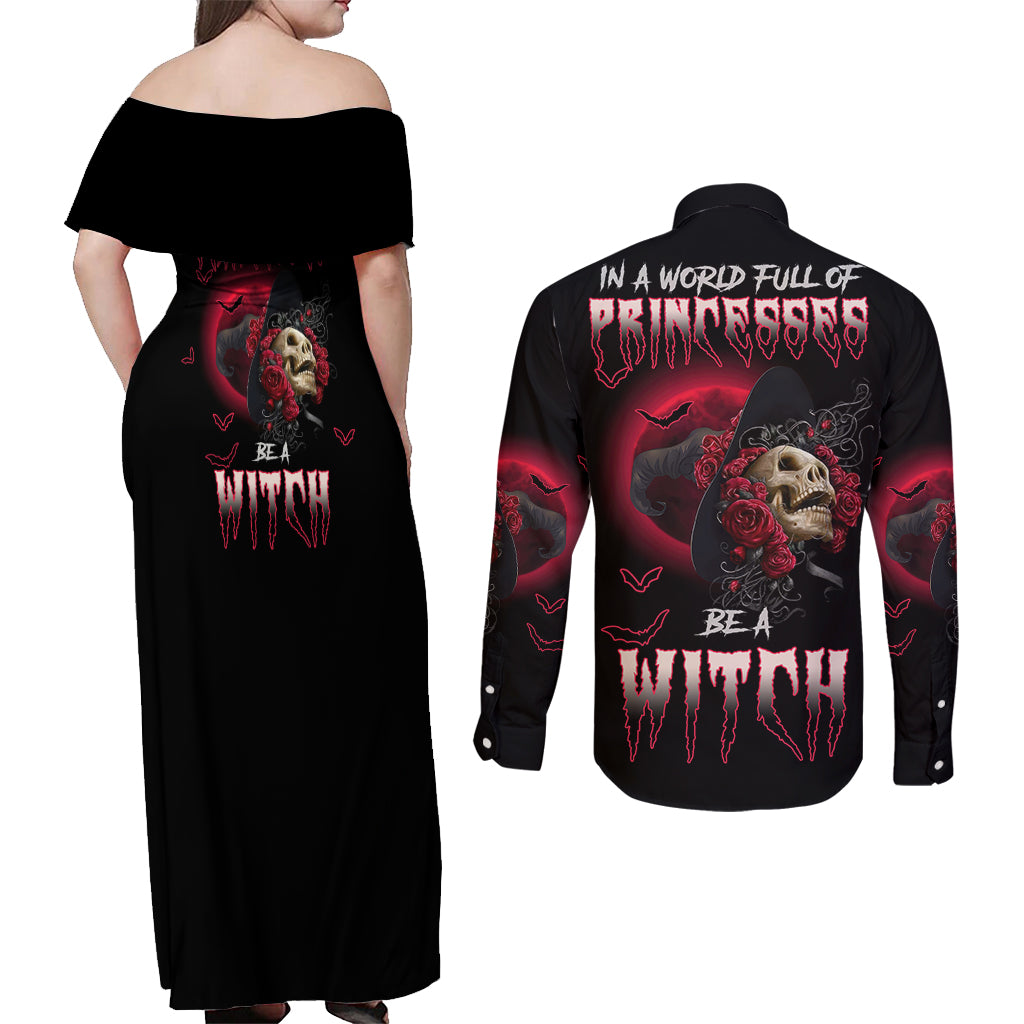 In A World Full Of Princesses Be A Witch Rose Skull Couples Matching Off Shoulder Maxi Dress and Long Sleeve Button Shirt - Wonder Print Shop