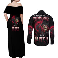 In A World Full Of Princesses Be A Witch Rose Skull Couples Matching Off Shoulder Maxi Dress and Long Sleeve Button Shirt - Wonder Print Shop