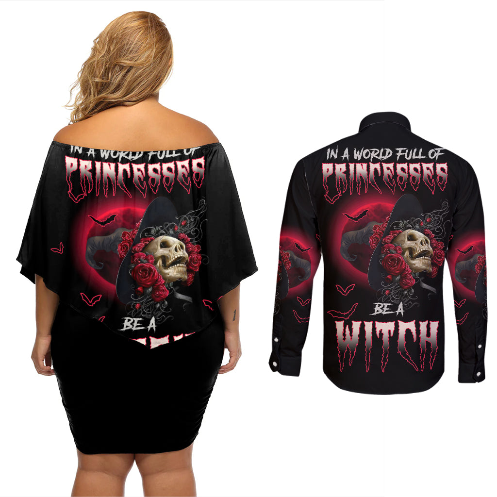 In A World Full Of Princesses Be A Witch Rose Skull Couples Matching Off Shoulder Short Dress and Long Sleeve Button Shirt - Wonder Print Shop