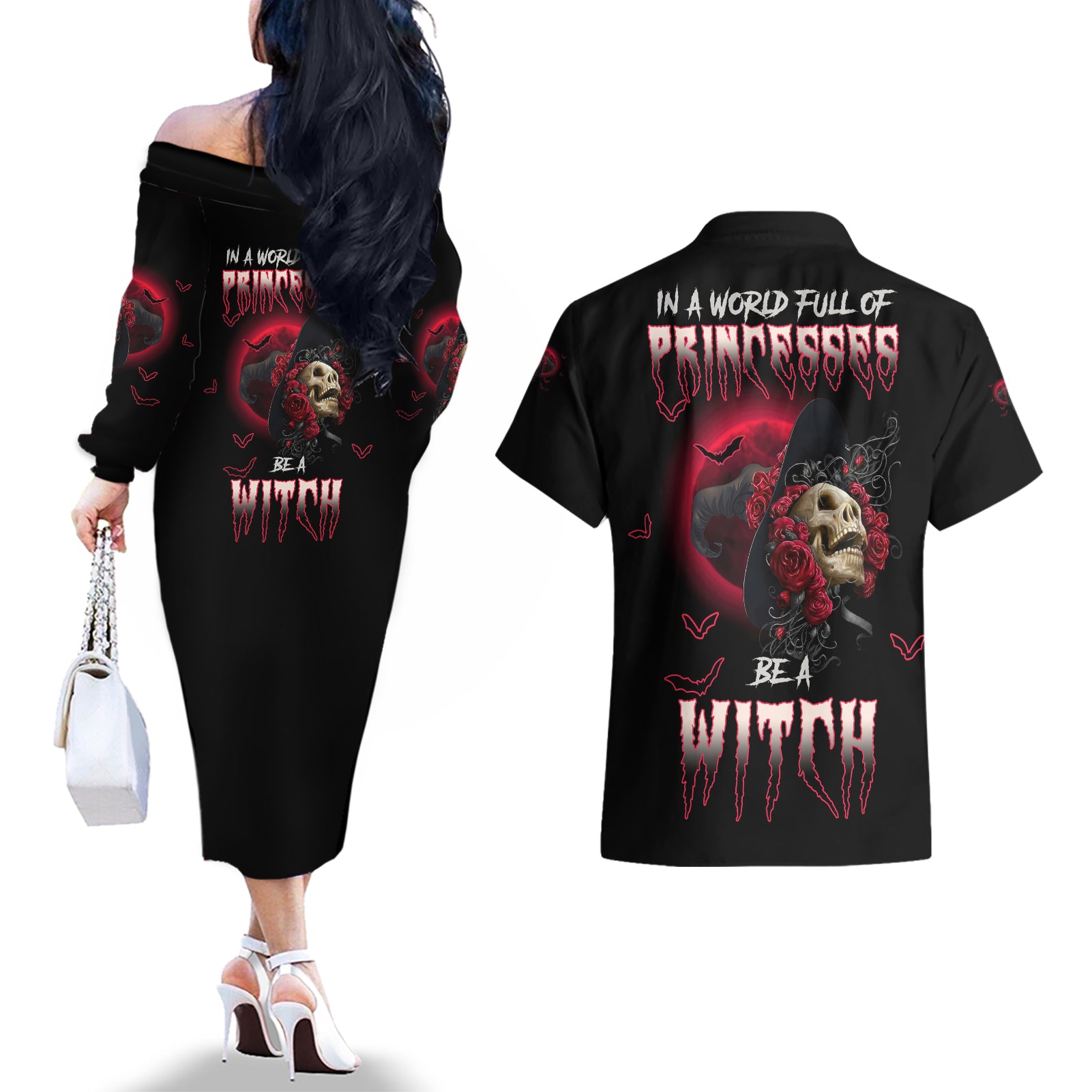 In A World Full Of Princesses Be A Witch Rose Skull Couples Matching Off The Shoulder Long Sleeve Dress and Hawaiian Shirt - Wonder Print Shop