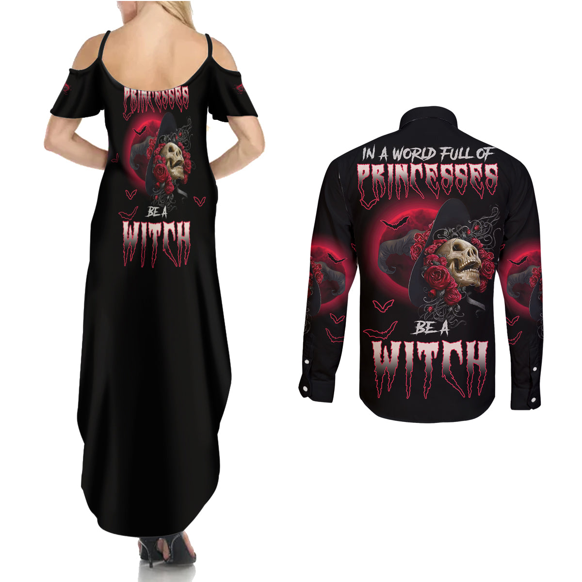 In A World Full Of Princesses Be A Witch Rose Skull Couples Matching Summer Maxi Dress and Long Sleeve Button Shirt - Wonder Print Shop