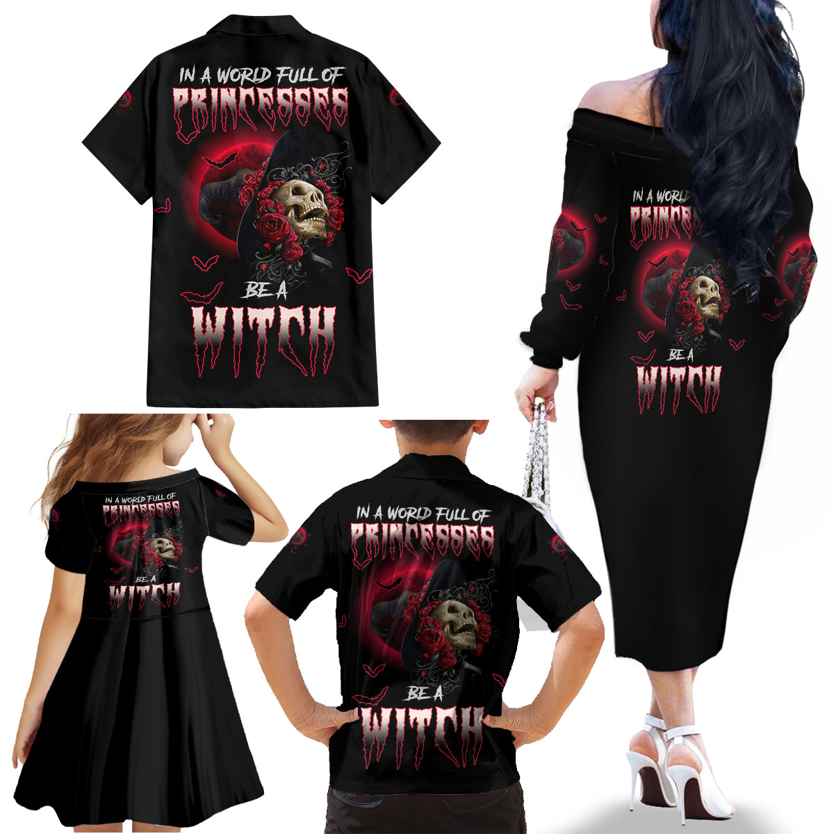 In A World Full Of Princesses Be A Witch Rose Skull Family Matching Off Shoulder Long Sleeve Dress and Hawaiian Shirt - Wonder Print Shop