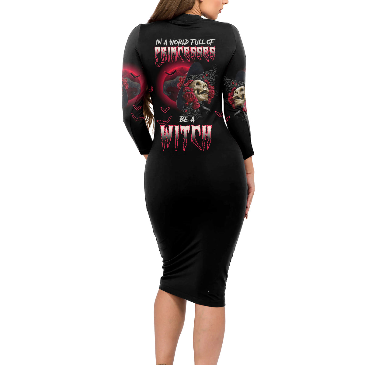 In A World Full Of Princesses Be A Witch Rose Skull Long Sleeve Bodycon Dress - Wonder Print Shop