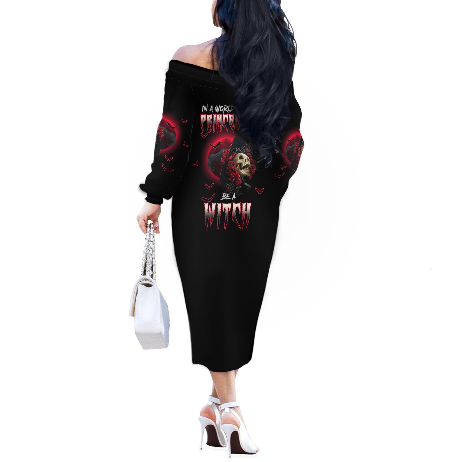 In A World Full Of Princesses Be A Witch Rose Skull Off The Shoulder Long Sleeve Dress - Wonder Print Shop