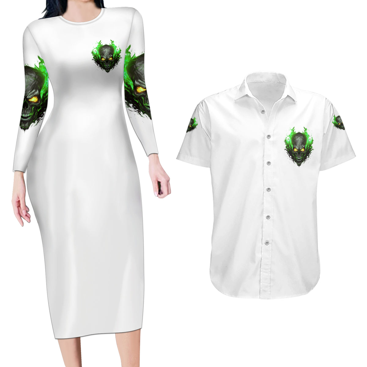 I Can't Go To Hell Fire Eyes Skull Couples Matching Long Sleeve Bodycon Dress and Hawaiian Shirt - Wonder Print Shop