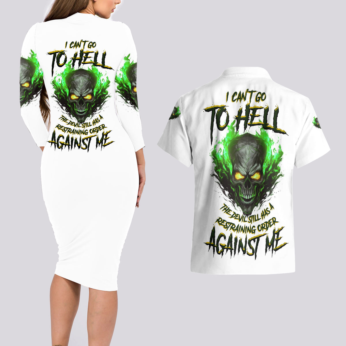 I Can't Go To Hell Fire Eyes Skull Couples Matching Long Sleeve Bodycon Dress and Hawaiian Shirt - Wonder Print Shop