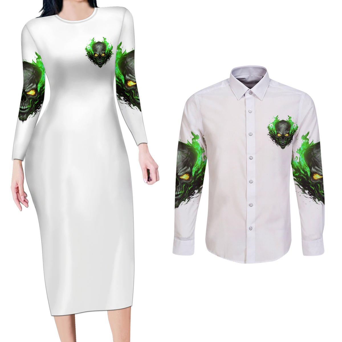 I Can't Go To Hell Fire Eyes Skull Couples Matching Long Sleeve Bodycon Dress and Long Sleeve Button Shirt - Wonder Print Shop