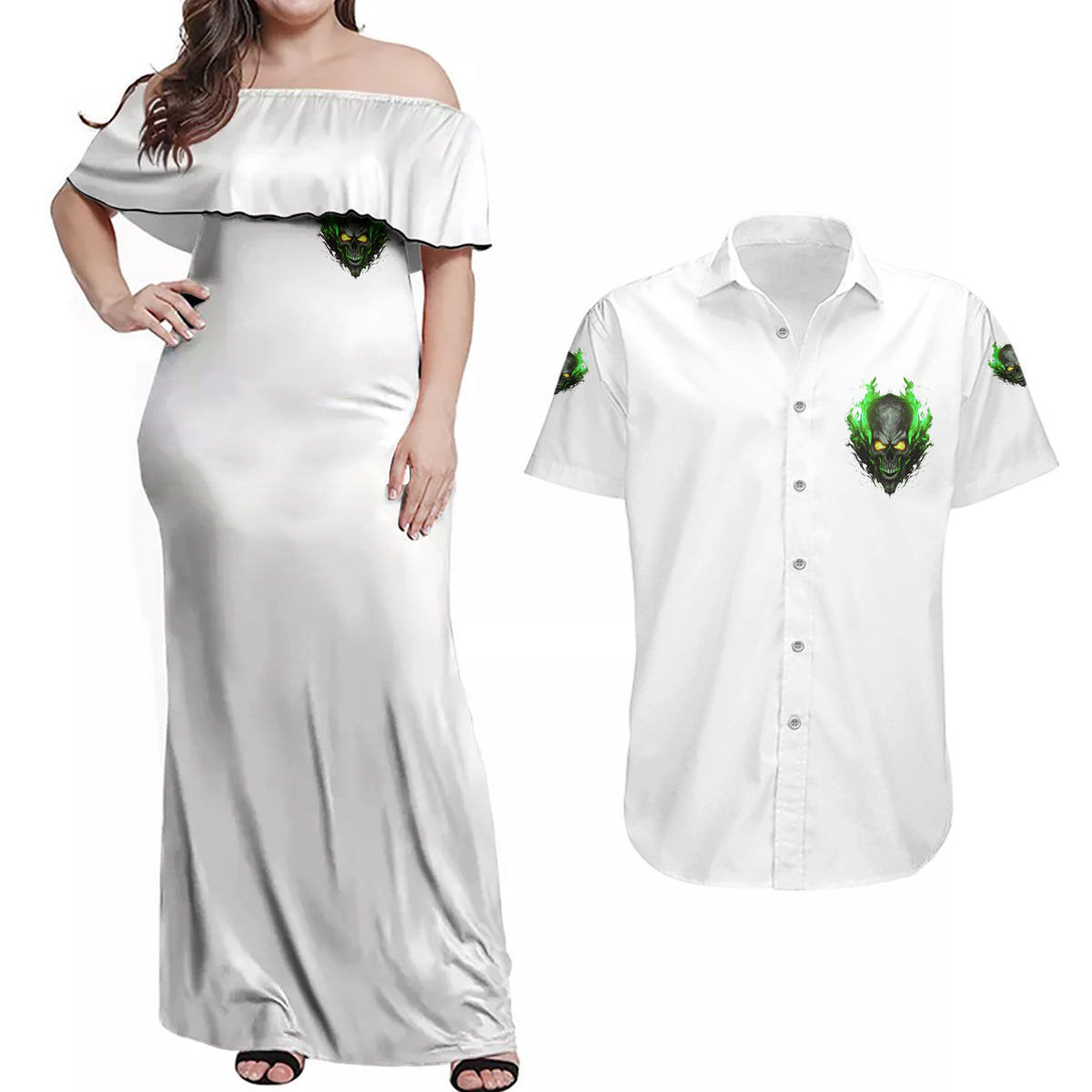 I Can't Go To Hell Fire Eyes Skull Couples Matching Off Shoulder Maxi Dress and Hawaiian Shirt - Wonder Print Shop