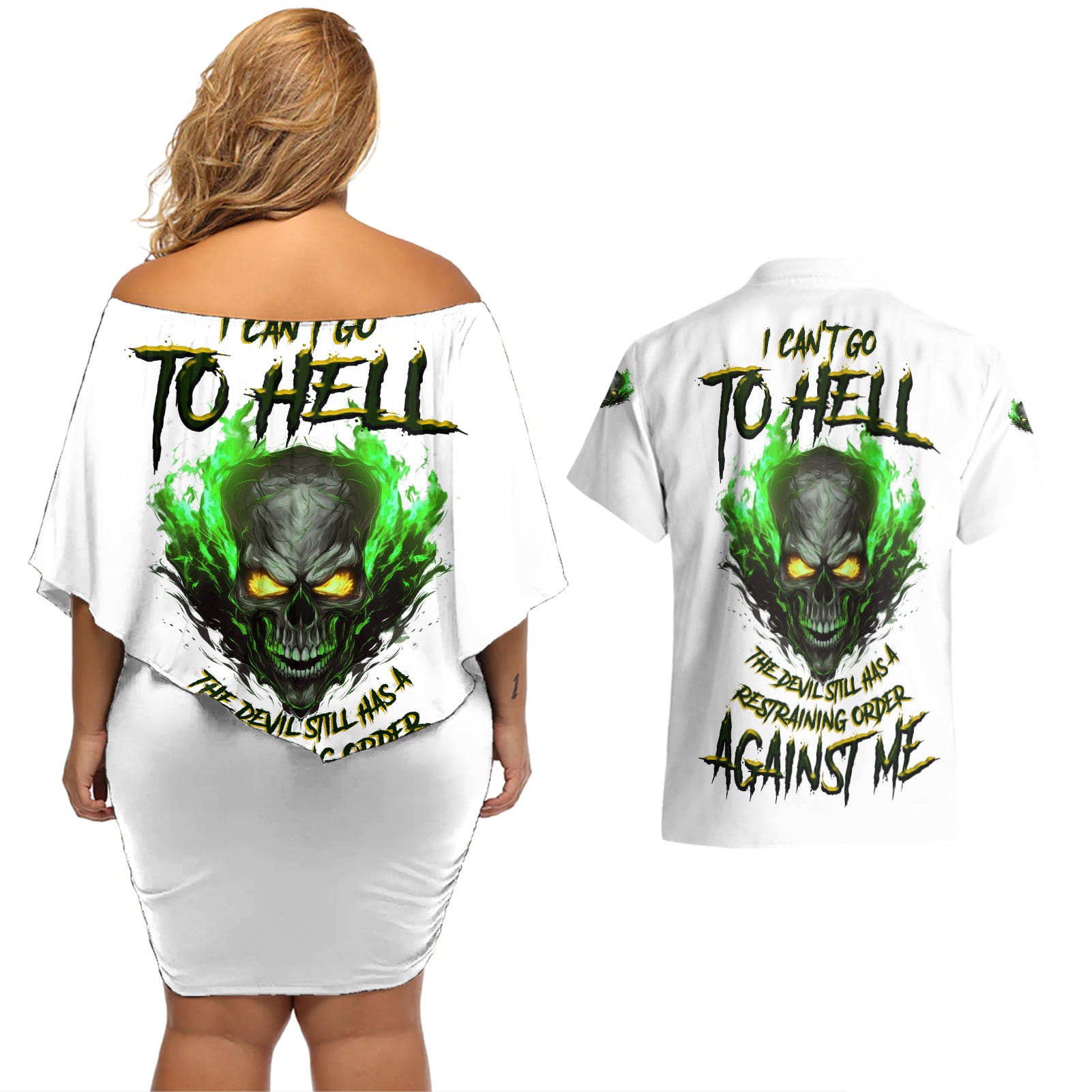 I Can't Go To Hell Fire Eyes Skull Couples Matching Off Shoulder Short Dress and Hawaiian Shirt - Wonder Print Shop