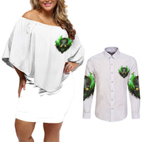 I Can't Go To Hell Fire Eyes Skull Couples Matching Off Shoulder Short Dress and Long Sleeve Button Shirt - Wonder Print Shop