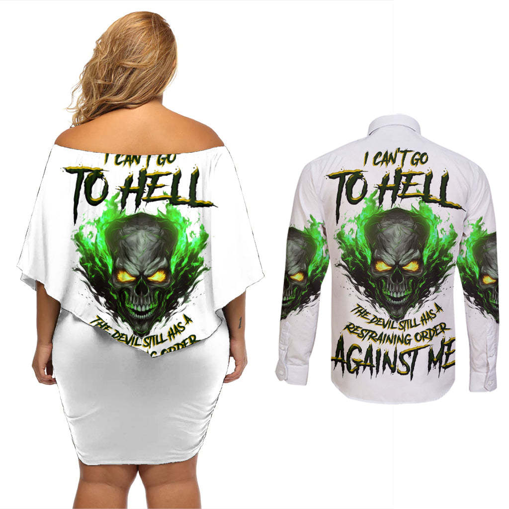 I Can't Go To Hell Fire Eyes Skull Couples Matching Off Shoulder Short Dress and Long Sleeve Button Shirt - Wonder Print Shop