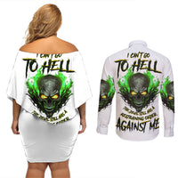 I Can't Go To Hell Fire Eyes Skull Couples Matching Off Shoulder Short Dress and Long Sleeve Button Shirt - Wonder Print Shop