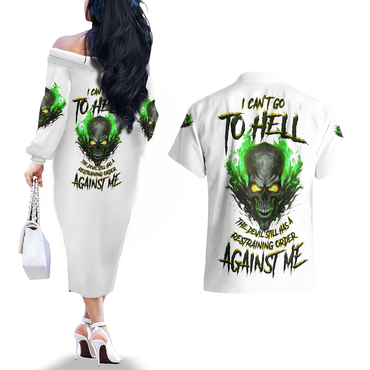 I Can't Go To Hell Fire Eyes Skull Couples Matching Off The Shoulder Long Sleeve Dress and Hawaiian Shirt - Wonder Print Shop