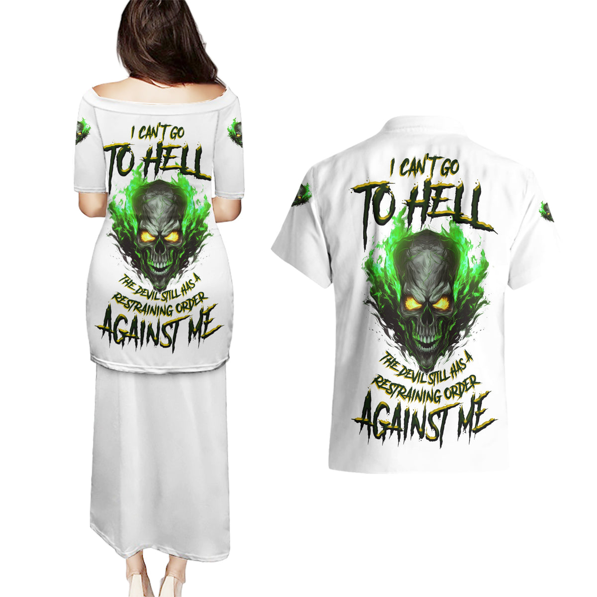 I Can't Go To Hell Fire Eyes Skull Couples Matching Puletasi Dress and Hawaiian Shirt - Wonder Print Shop