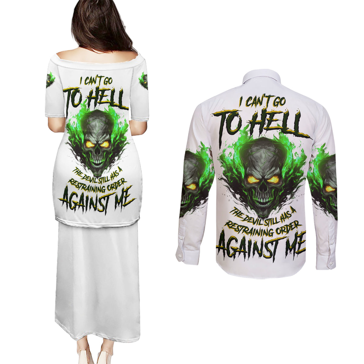 I Can't Go To Hell Fire Eyes Skull Couples Matching Puletasi Dress and Long Sleeve Button Shirt - Wonder Print Shop
