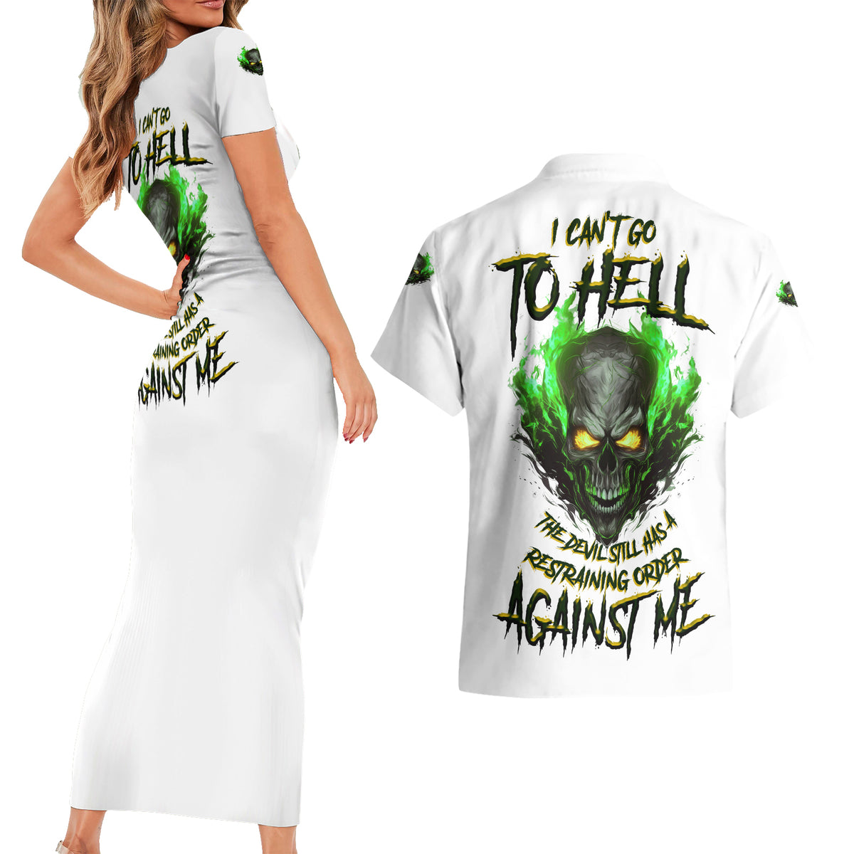 I Can't Go To Hell Fire Eyes Skull Couples Matching Short Sleeve Bodycon Dress and Hawaiian Shirt - Wonder Print Shop