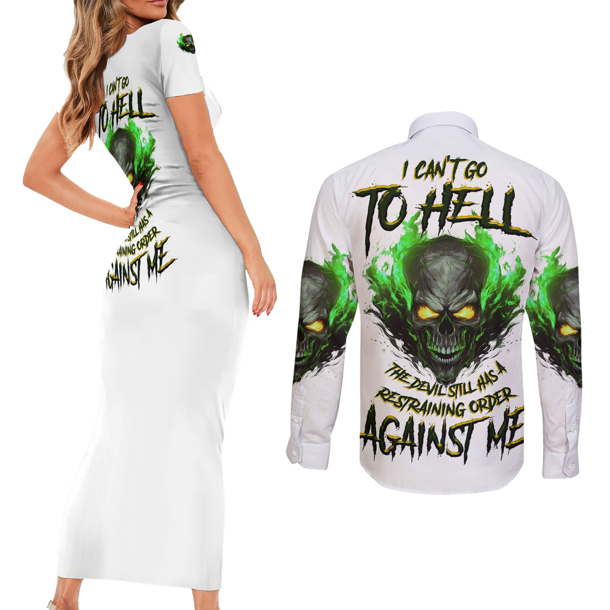I Can't Go To Hell Fire Eyes Skull Couples Matching Short Sleeve Bodycon Dress and Long Sleeve Button Shirt - Wonder Print Shop