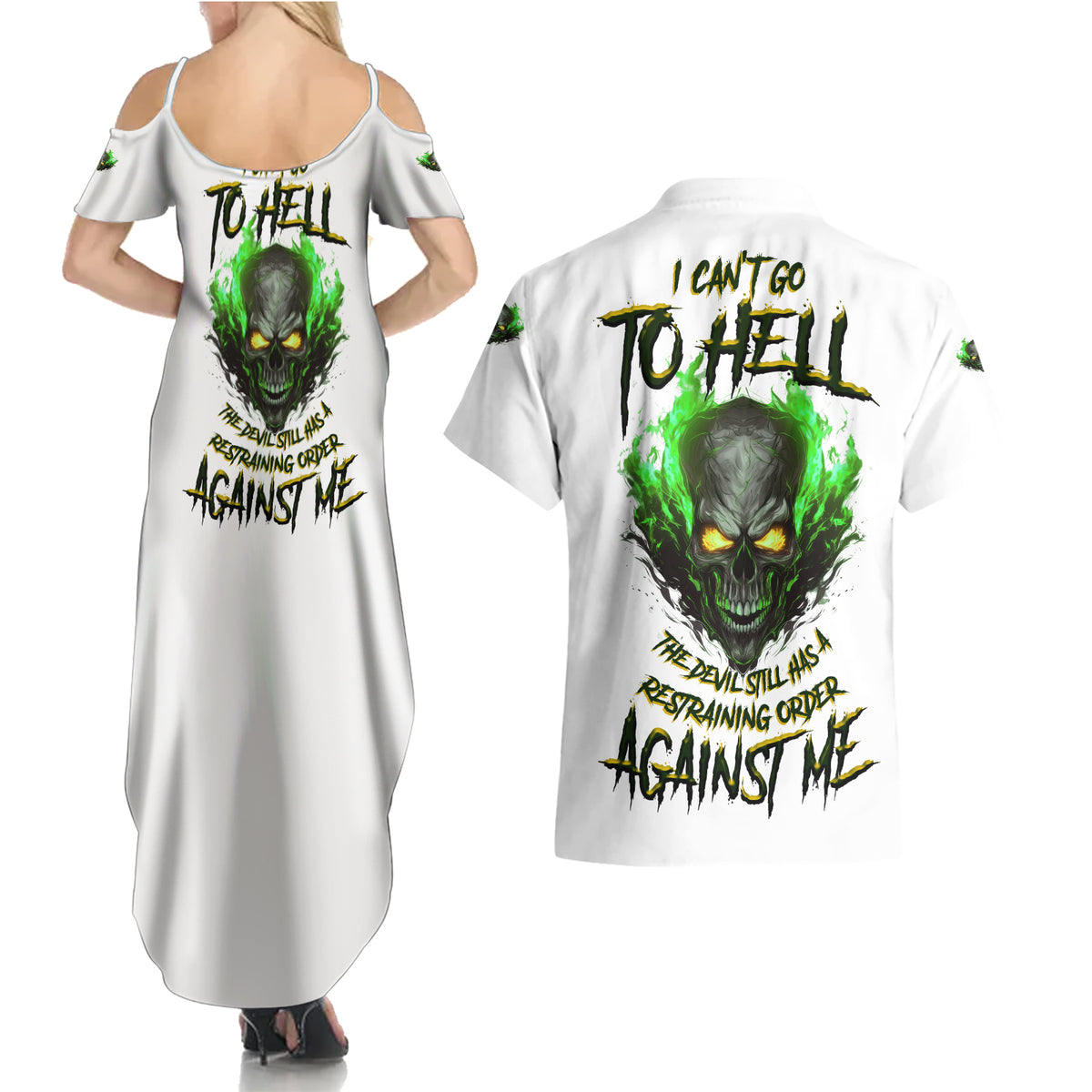 I Can't Go To Hell Fire Eyes Skull Couples Matching Summer Maxi Dress and Hawaiian Shirt - Wonder Print Shop