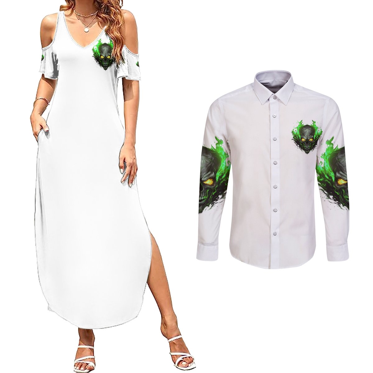 I Can't Go To Hell Fire Eyes Skull Couples Matching Summer Maxi Dress and Long Sleeve Button Shirt - Wonder Print Shop