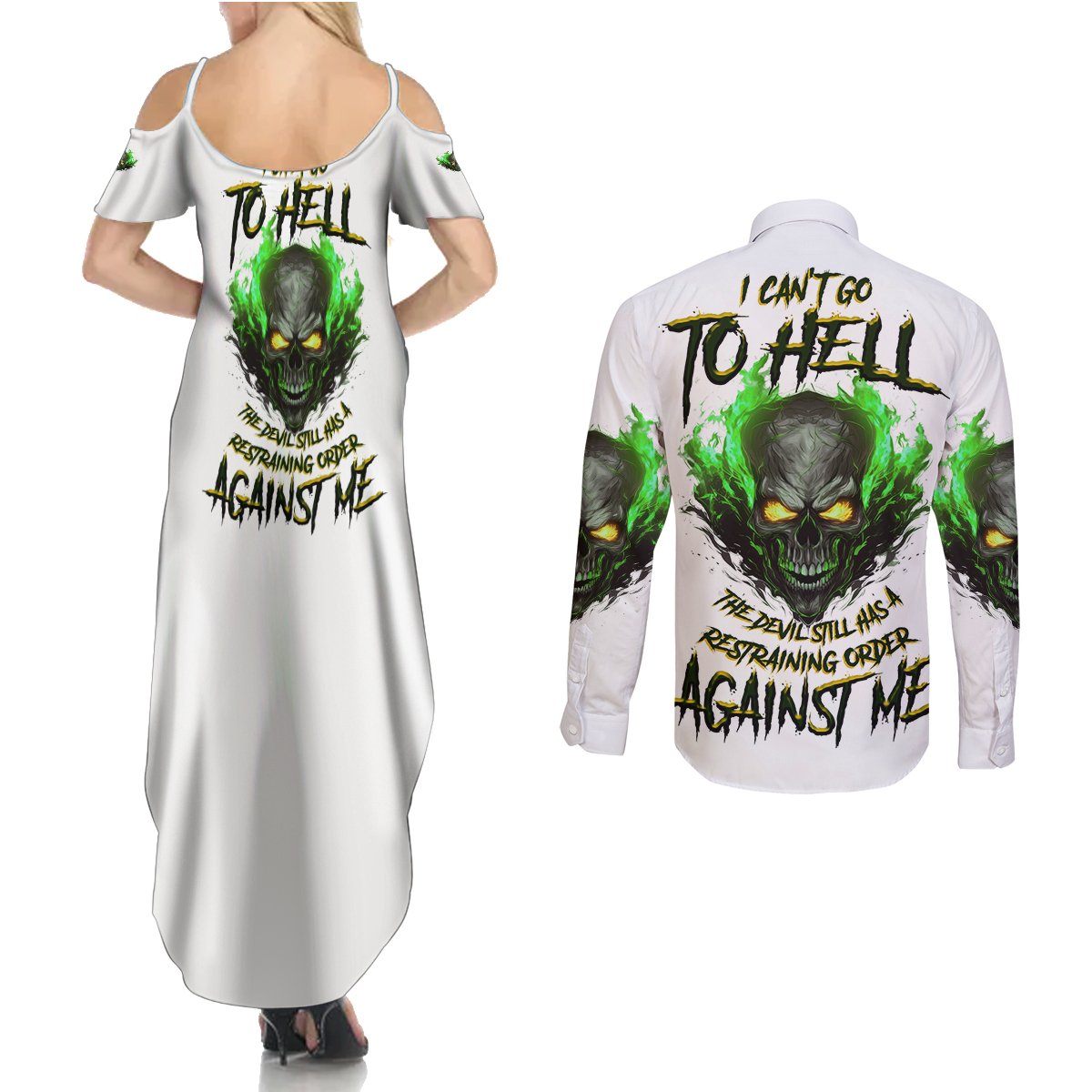 I Can't Go To Hell Fire Eyes Skull Couples Matching Summer Maxi Dress and Long Sleeve Button Shirt - Wonder Print Shop