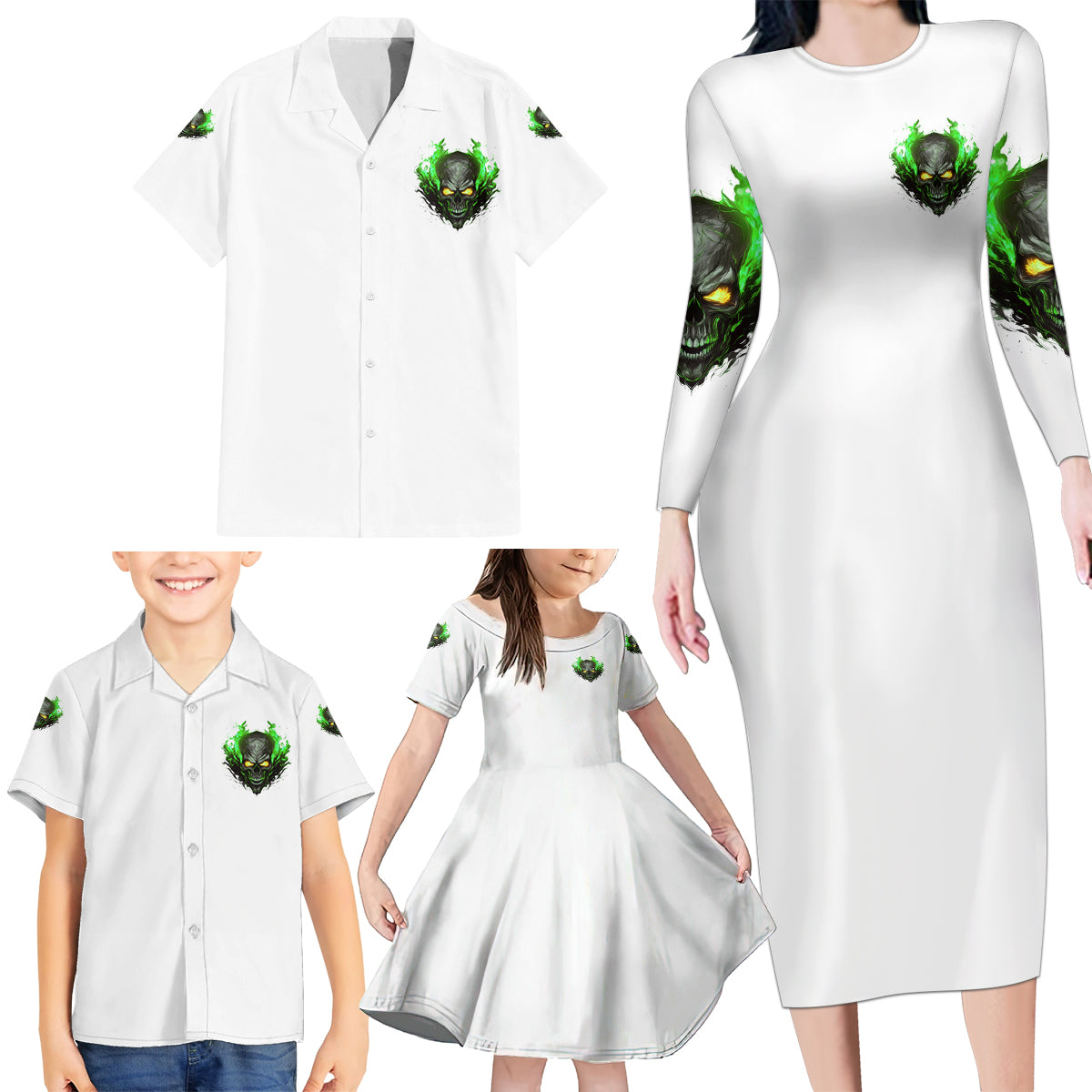 I Can't Go To Hell Fire Eyes Skull Family Matching Long Sleeve Bodycon Dress and Hawaiian Shirt - Wonder Print Shop