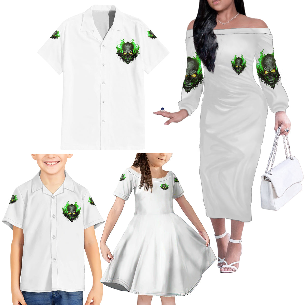 I Can't Go To Hell Fire Eyes Skull Family Matching Off Shoulder Long Sleeve Dress and Hawaiian Shirt - Wonder Print Shop