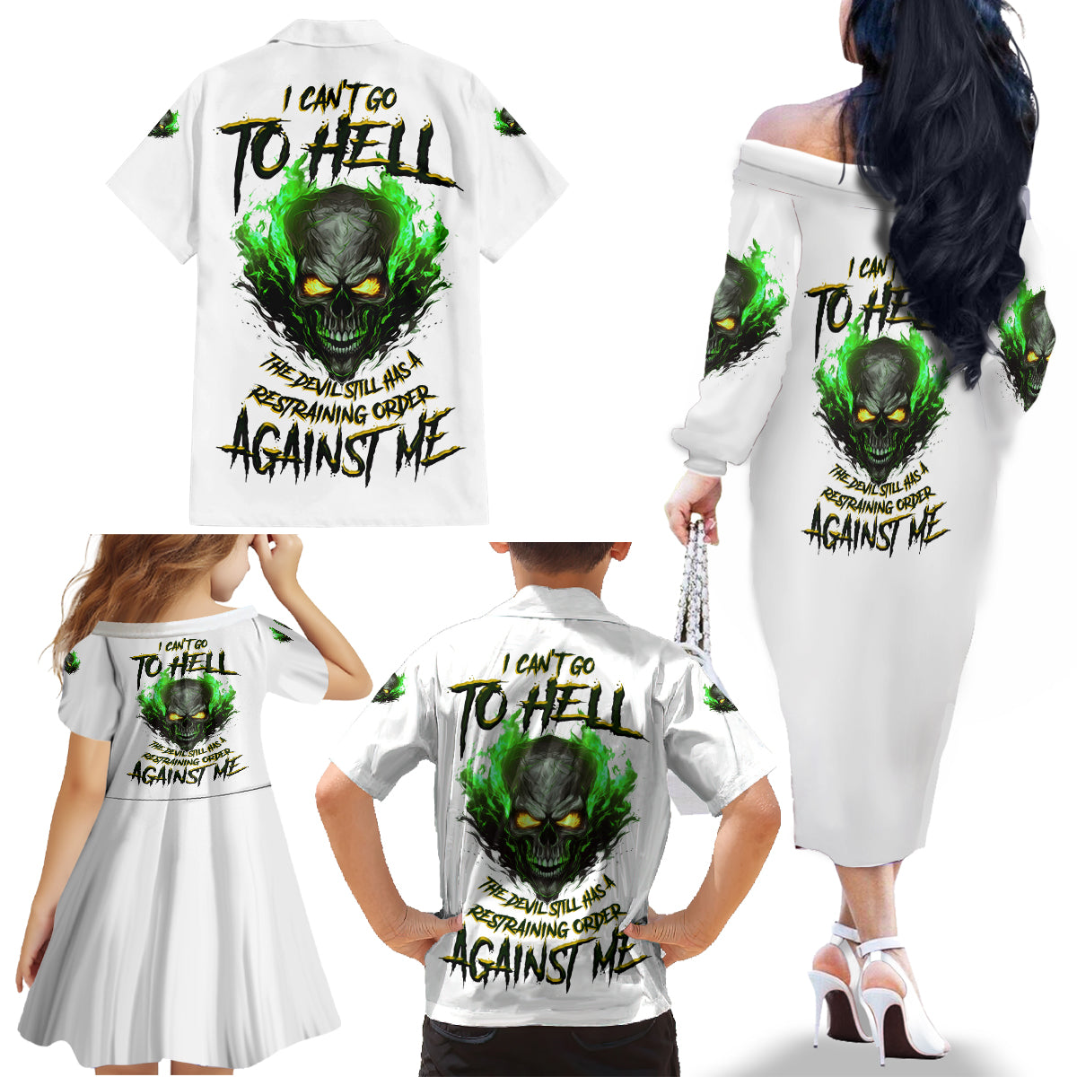 I Can't Go To Hell Fire Eyes Skull Family Matching Off Shoulder Long Sleeve Dress and Hawaiian Shirt - Wonder Print Shop