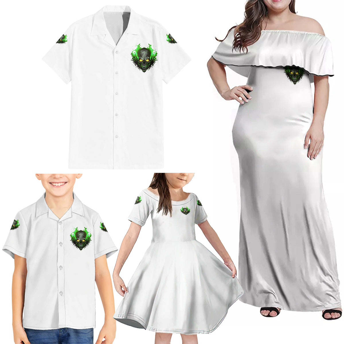 I Can't Go To Hell Fire Eyes Skull Family Matching Off Shoulder Maxi Dress and Hawaiian Shirt - Wonder Print Shop