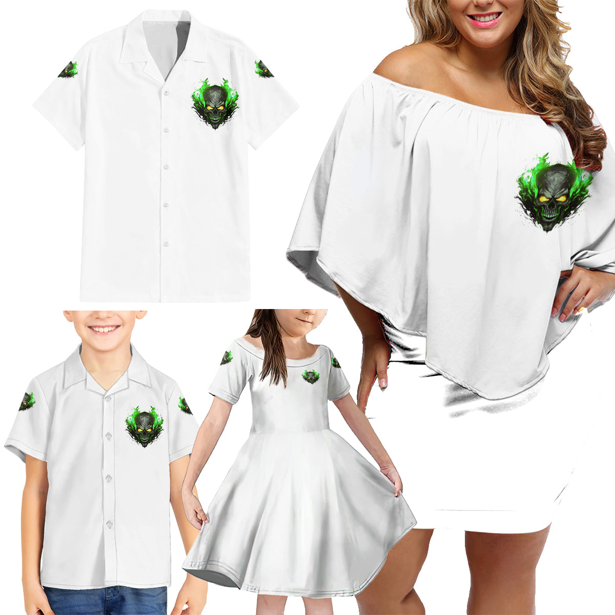 I Can't Go To Hell Fire Eyes Skull Family Matching Off Shoulder Short Dress and Hawaiian Shirt - Wonder Print Shop
