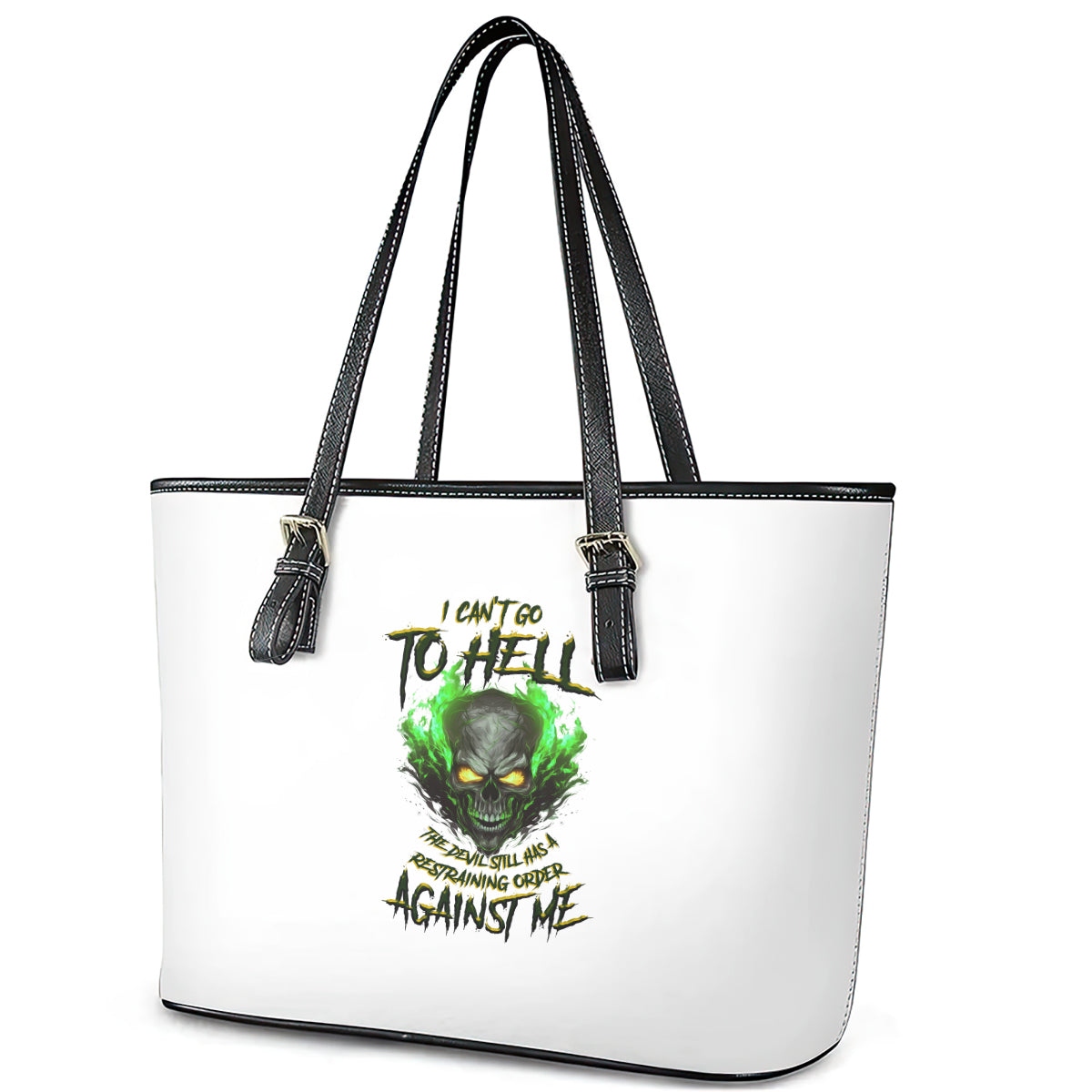 I Can't Go To Hell Fire Eyes Skull Leather Tote Bag - Wonder Print Shop