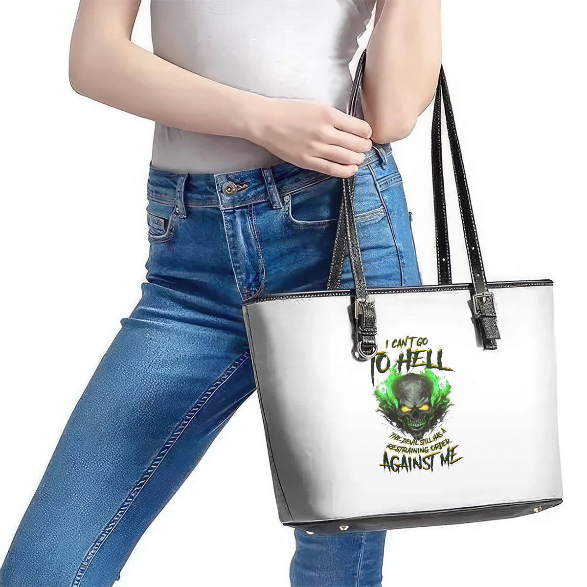 I Can't Go To Hell Fire Eyes Skull Leather Tote Bag - Wonder Print Shop