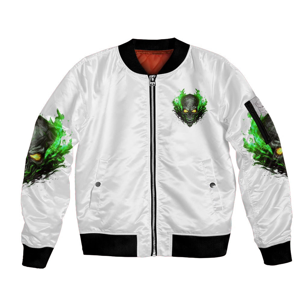I Can't Go To Hell Fire Eyes Skull Sleeve Zip Bomber Jacket - Wonder Print Shop